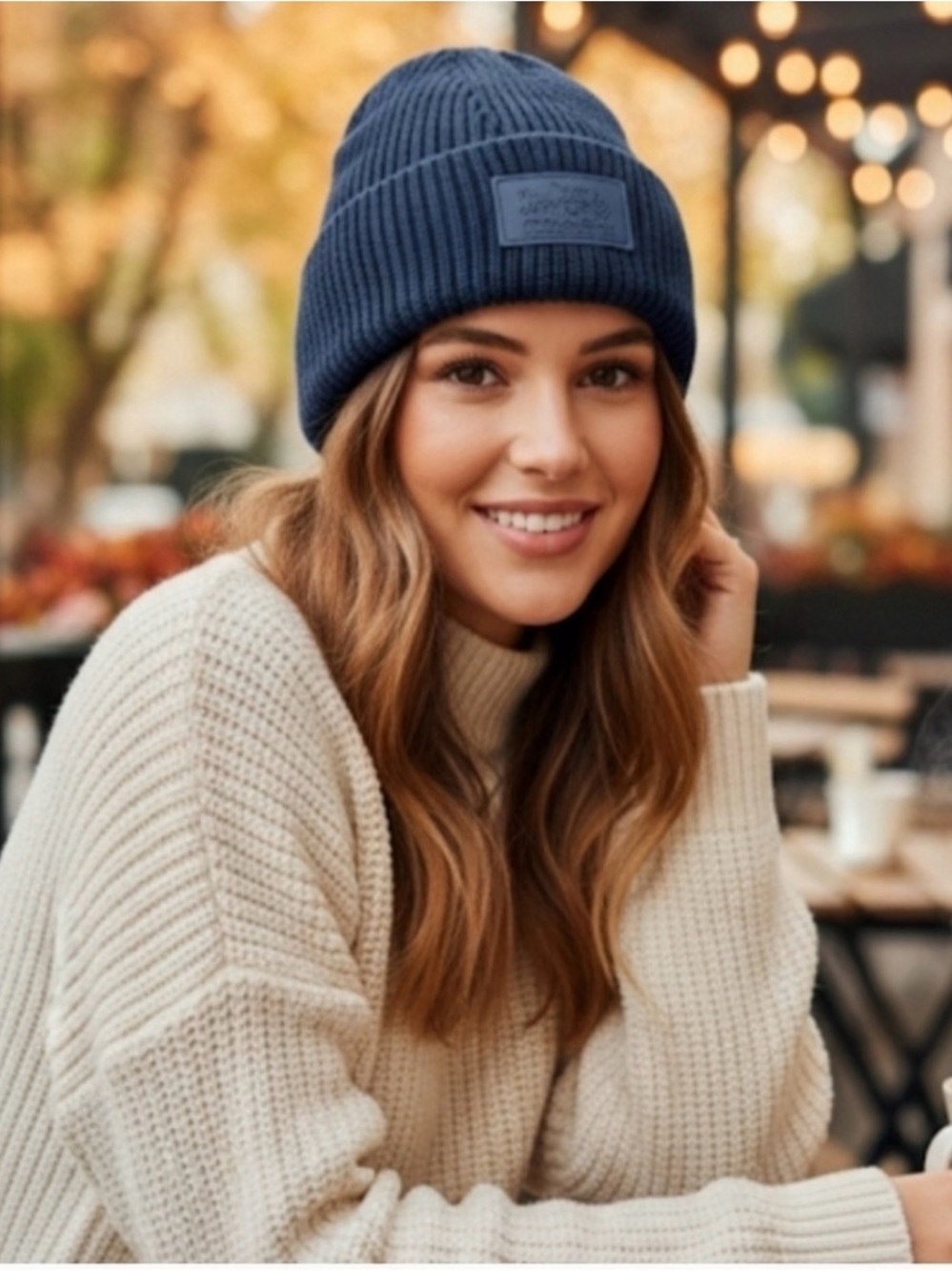 Coach Navy Blue patch beanie features a rib-knit design and a tonal rubber logo